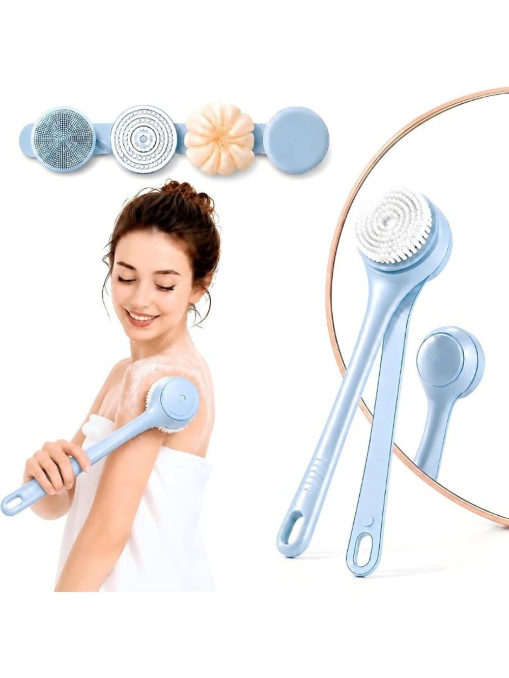 Waterproof Electric Body Brush with Dual Handle, 4 Heads for Exfoliating